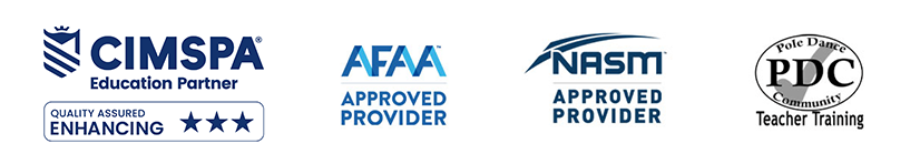 Endorsement logos: CIMSPA Education Partner Quality Assured 3-star Enhancing, AFAA Approved Provider, NASM Approved Provider, PDC (Pole Dancing Community) Teacher Training
